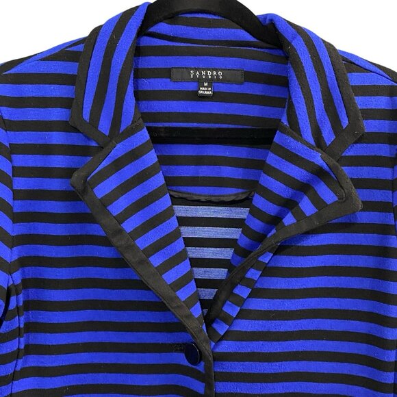 SANDRO Studio Women Crop Blazer Button Front Sz M Blue Black Stripe Office 54-18 - Picture 3 of 9